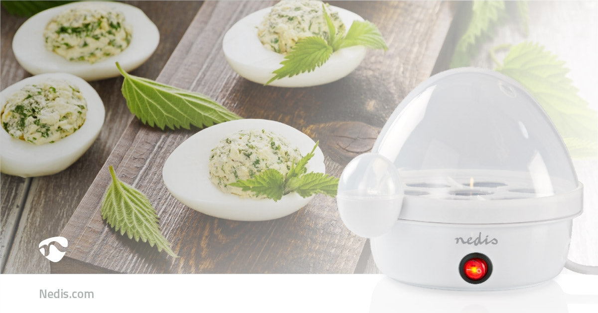 egg cooker | 7 eggs | The measuring glass | Warning signal | Automatic shutdown | White