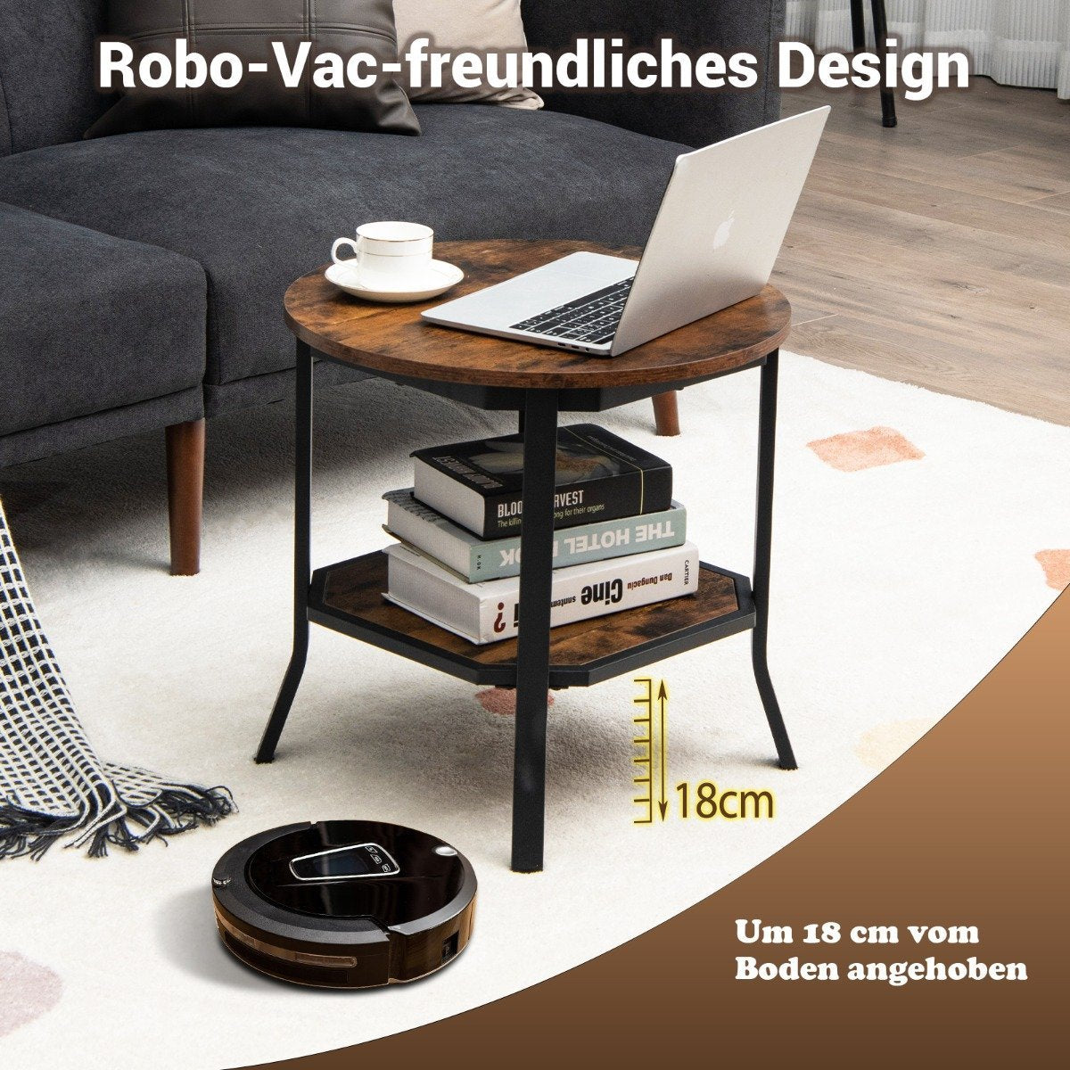 industrial round 2 tier side table with open shelf and steel legs 50 x 50 x 49.5 cm brown