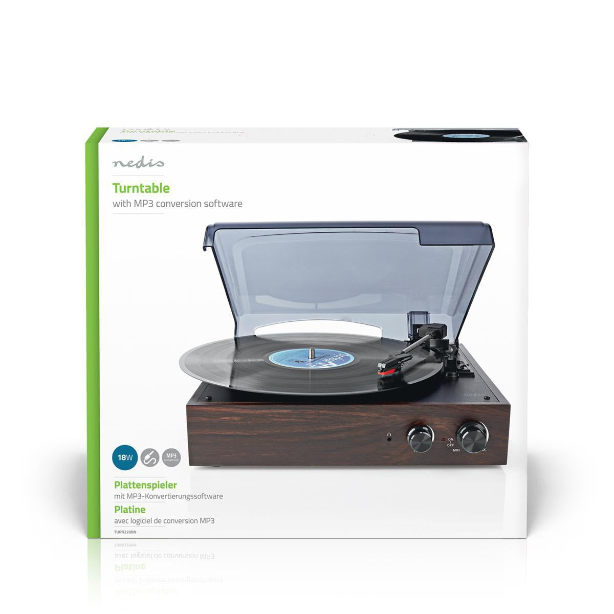 record player | 33 / 45 / 78 rpm | Belt Drive | 1x Stereo RCA | 18 W| Built-in (pre)amplifier | MP3 Conversion | ABS / MDF | Brown
