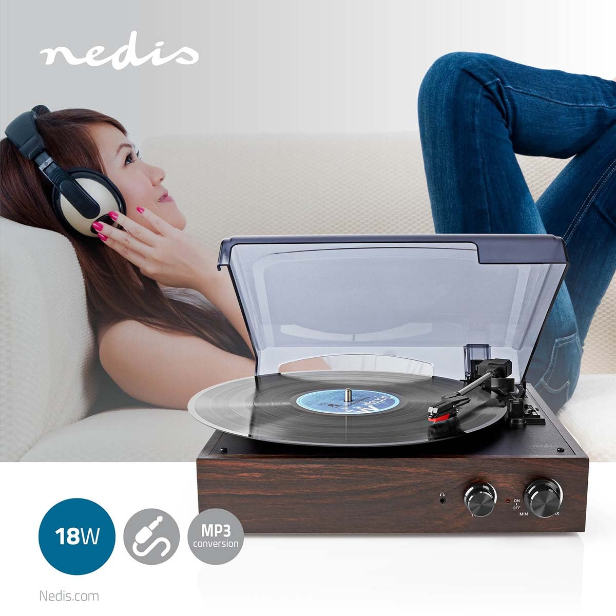 record player | 33 / 45 / 78 rpm | Belt Drive | 1x Stereo RCA | 18 W| Built-in (pre)amplifier | MP3 Conversion | ABS / MDF | Brown