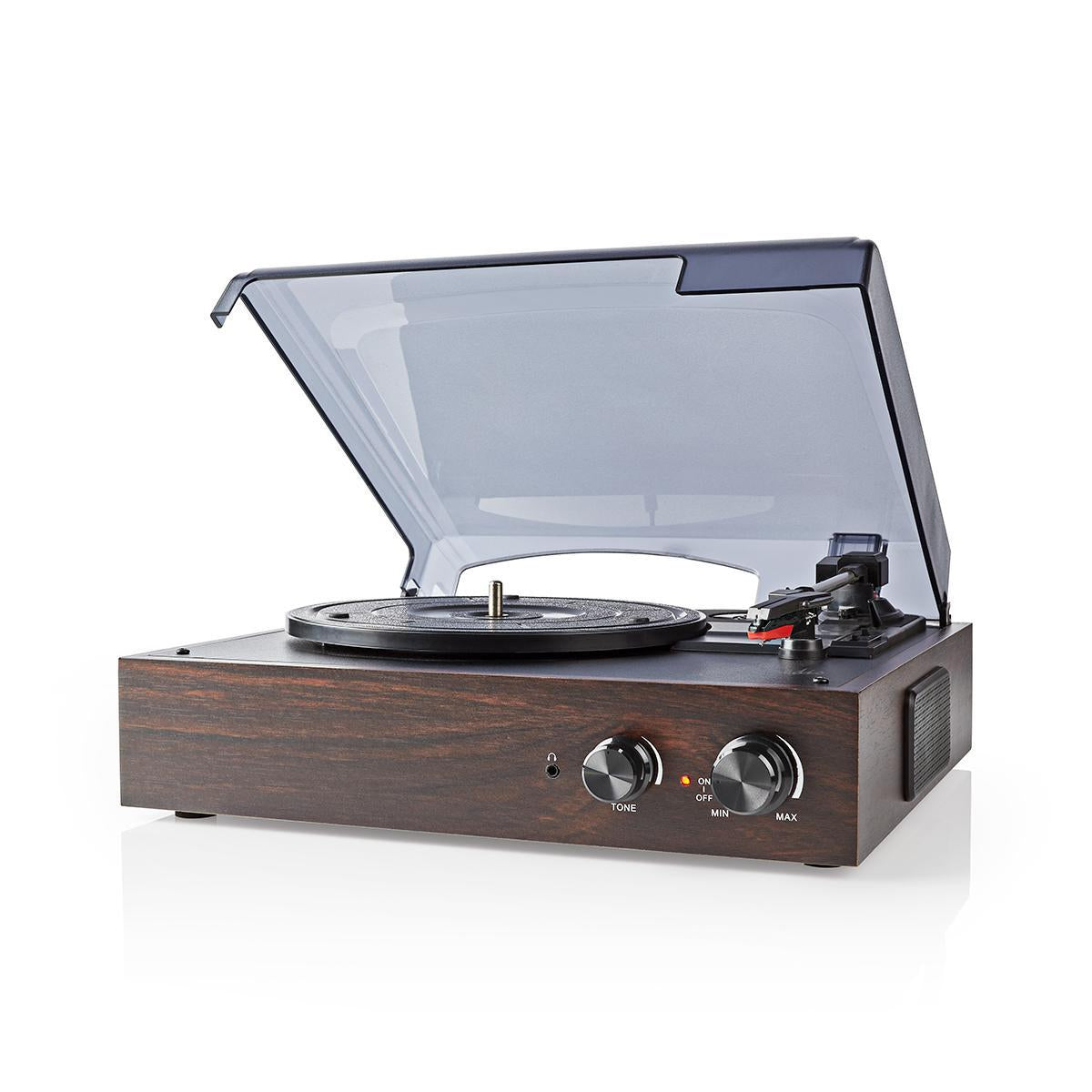 record player | 33 / 45 / 78 rpm | Belt Drive | 1x Stereo RCA | 18 W| Built-in (pre)amplifier | MP3 Conversion | ABS / MDF | Brown