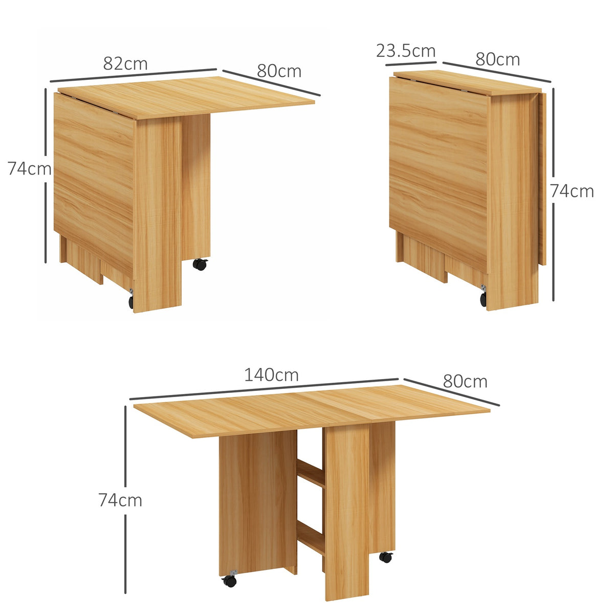 small folding dining table, 140 x 80 x 74 cm, space-saving, with additional storage space, wheels, chipboard, metal, teak