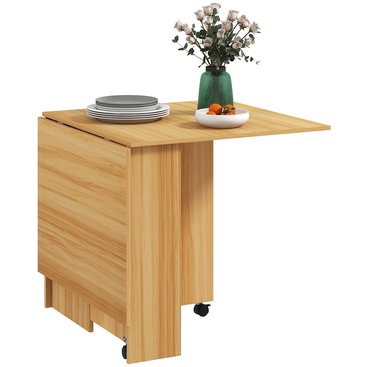 small folding dining table, 140 x 80 x 74 cm, space-saving, with additional storage space, wheels, chipboard, metal, teak