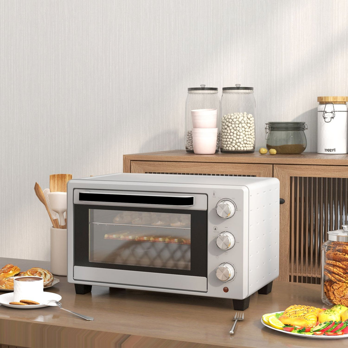 small oven 21L, 100°C-230°C, 1 hour timer, with 3 cooking modes, wire rack, baking tray, stainless steel, 46L x 38.5W x 29H cm, silver
