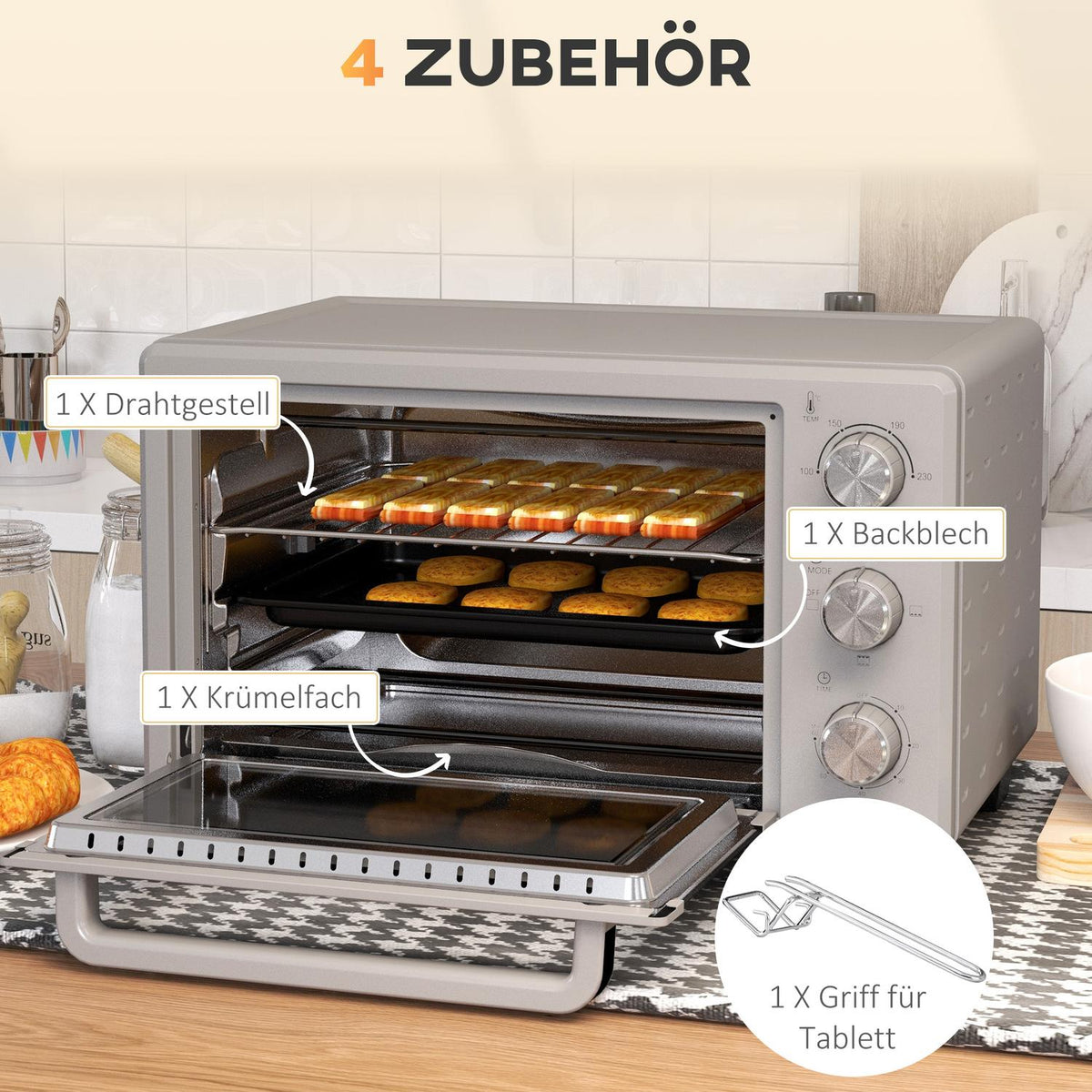 small oven 21L, 100°C-230°C, 1 hour timer, with 3 cooking modes, wire rack, baking tray, stainless steel, 46L x 38.5W x 29H cm, silver