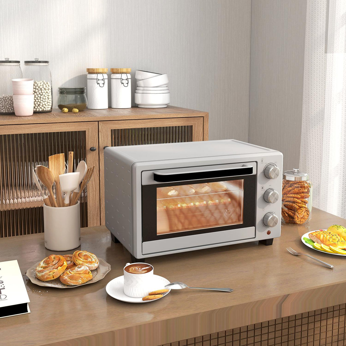 small oven 21L, 100°C-230°C, 1 hour timer, with 3 cooking modes, wire rack, baking tray, stainless steel, 46L x 38.5W x 29H cm, silver