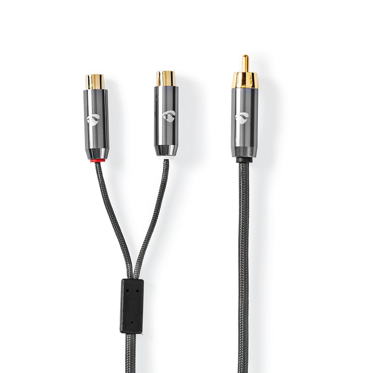 subwoofer Cable | RCA Male | 2x RCA Female | Gold Plated | 0.20 m | Round | 4.5 mm | Gray With Metal | Carton with covered window