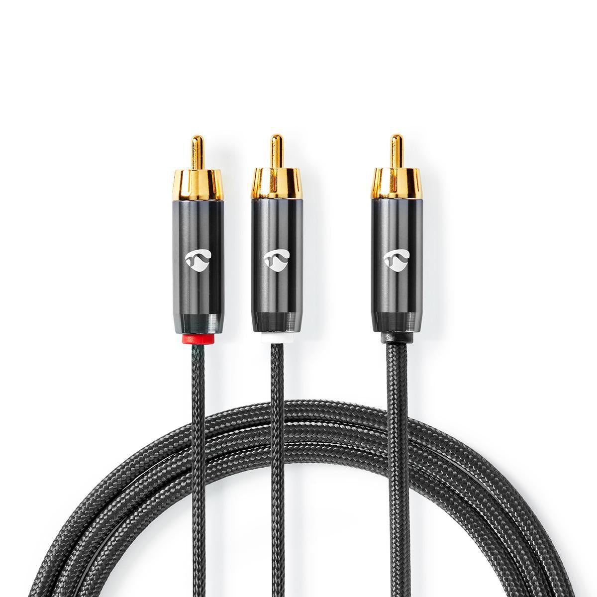 subwoofer Cable | RCA Male | 2x RCA Male | Gold Plated | 3.00 m | Round | 4.5 mm | Gray / Gray With Metal | Carton with covered window