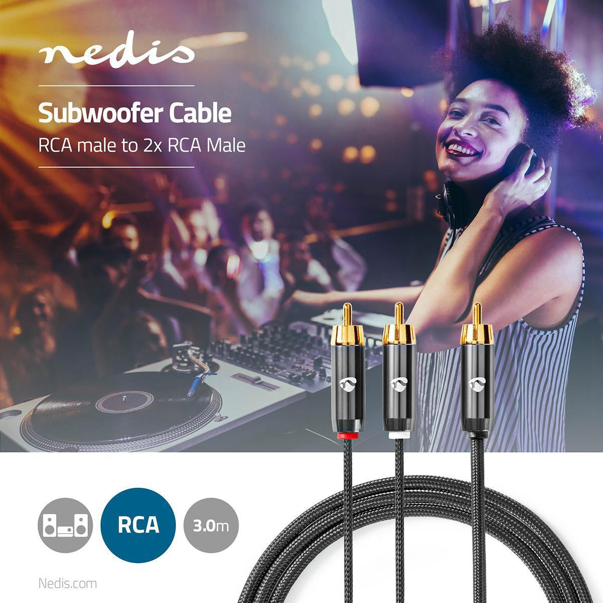 subwoofer Cable | RCA Male | 2x RCA Male | Gold Plated | 3.00 m | Round | 4.5 mm | Gray / Gray With Metal | Carton with covered window