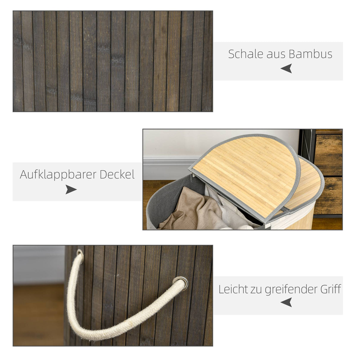 100L Bamboo Laundry Basket, Dual Compartments, Grey/Natural