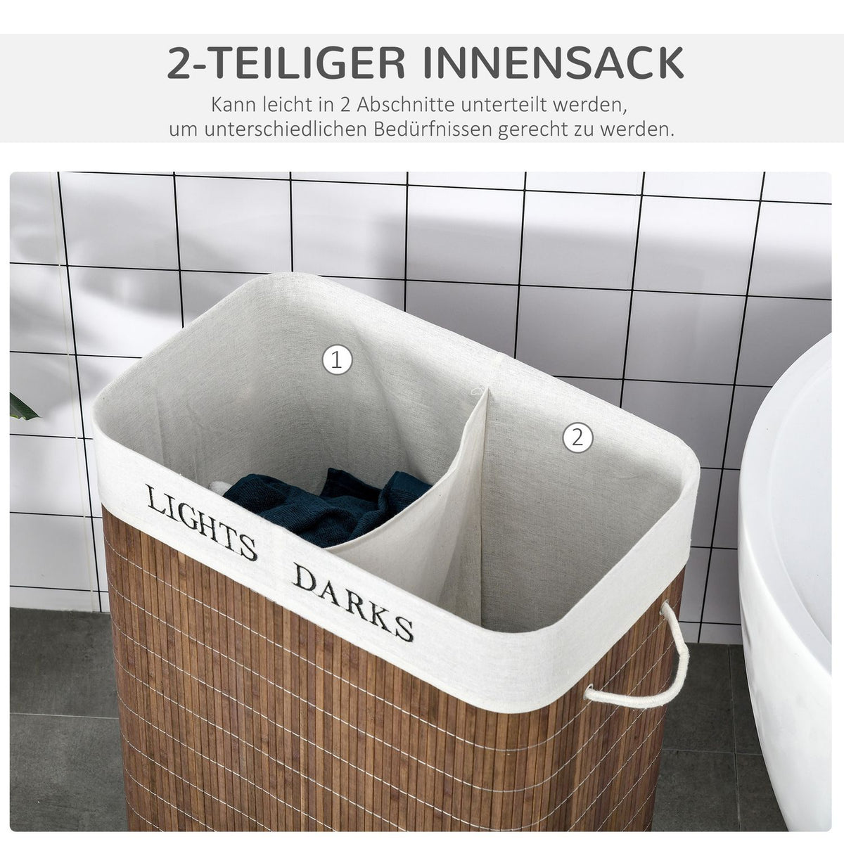 100L Laundry Basket Laundry Box With 3 Handles And Washable Laundry Bag Removable Bamboo Cotton Metal Brown + White 52X32X63Cm
