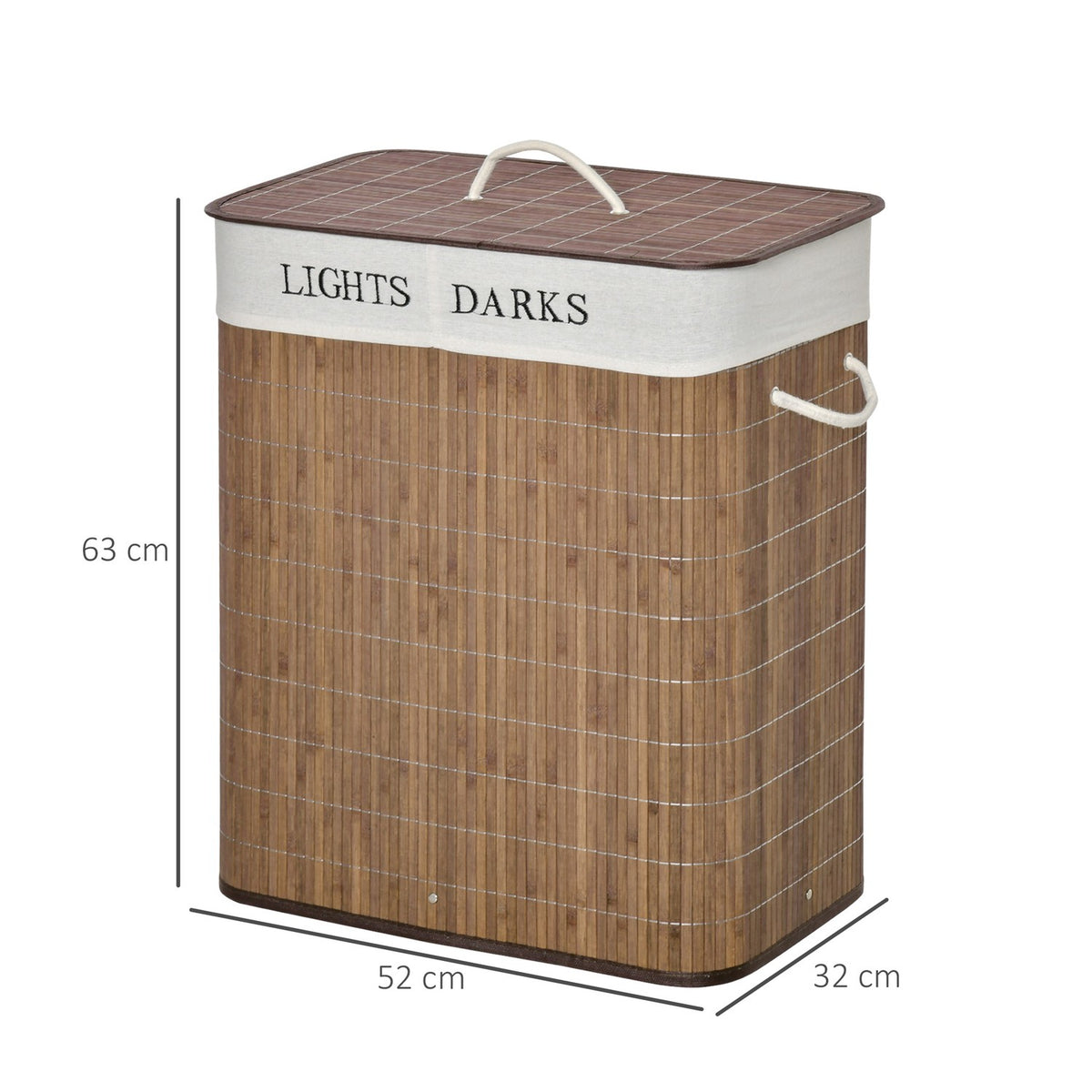 100L Laundry Basket Laundry Box With 3 Handles And Washable Laundry Bag Removable Bamboo Cotton Metal Brown + White 52X32X63Cm