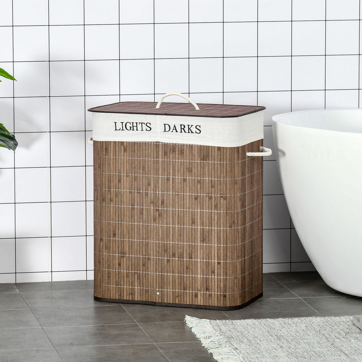 100L Laundry Basket Laundry Box With 3 Handles And Washable Laundry Bag Removable Bamboo Cotton Metal Brown + White 52X32X63Cm