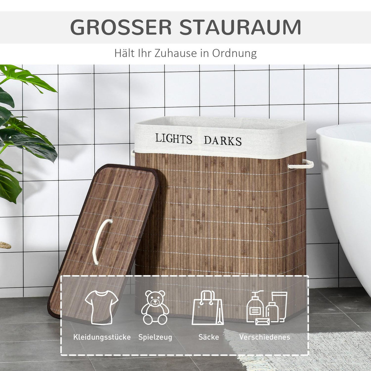 100L Laundry Basket Laundry Box With 3 Handles And Washable Laundry Bag Removable Bamboo Cotton Metal Brown + White 52X32X63Cm