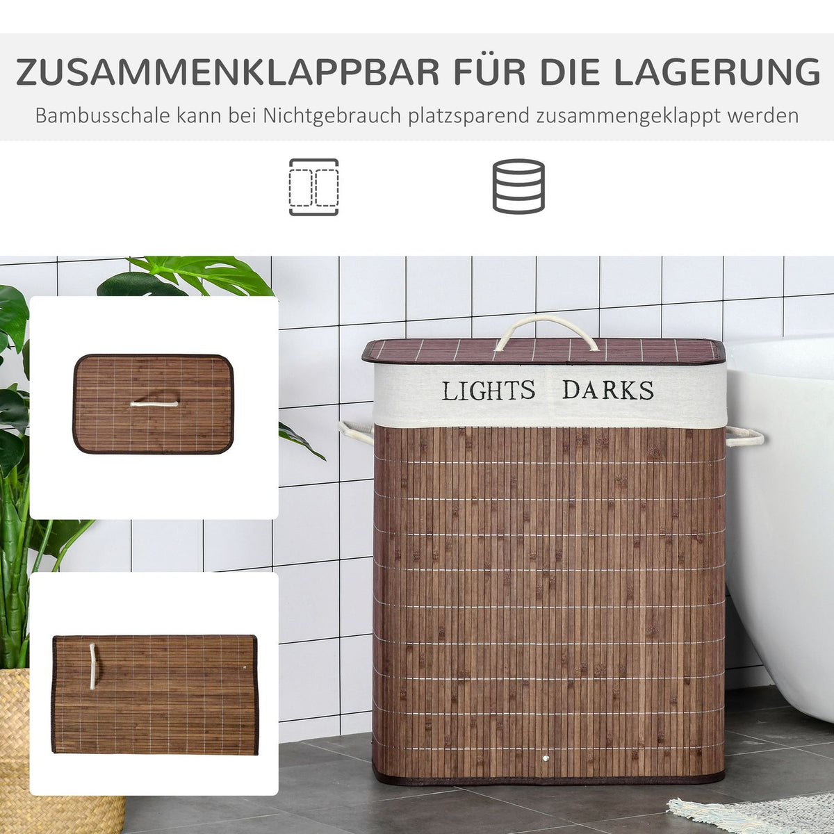100L Laundry Basket Laundry Box With 3 Handles And Washable Laundry Bag Removable Bamboo Cotton Metal Brown + White 52X32X63Cm