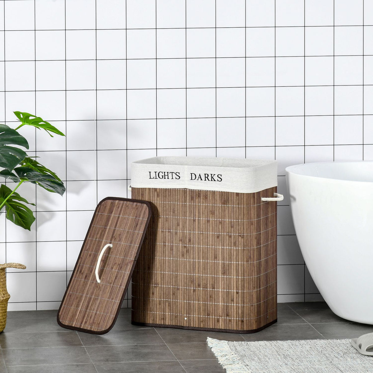 100L Laundry Basket Laundry Box With 3 Handles And Washable Laundry Bag Removable Bamboo Cotton Metal Brown + White 52X32X63Cm