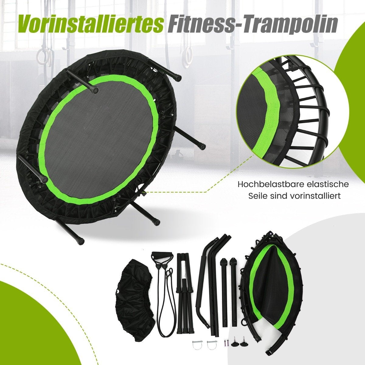 Ø101 cm mini trampoline with height-adjustable handle and 2 resistance bands green