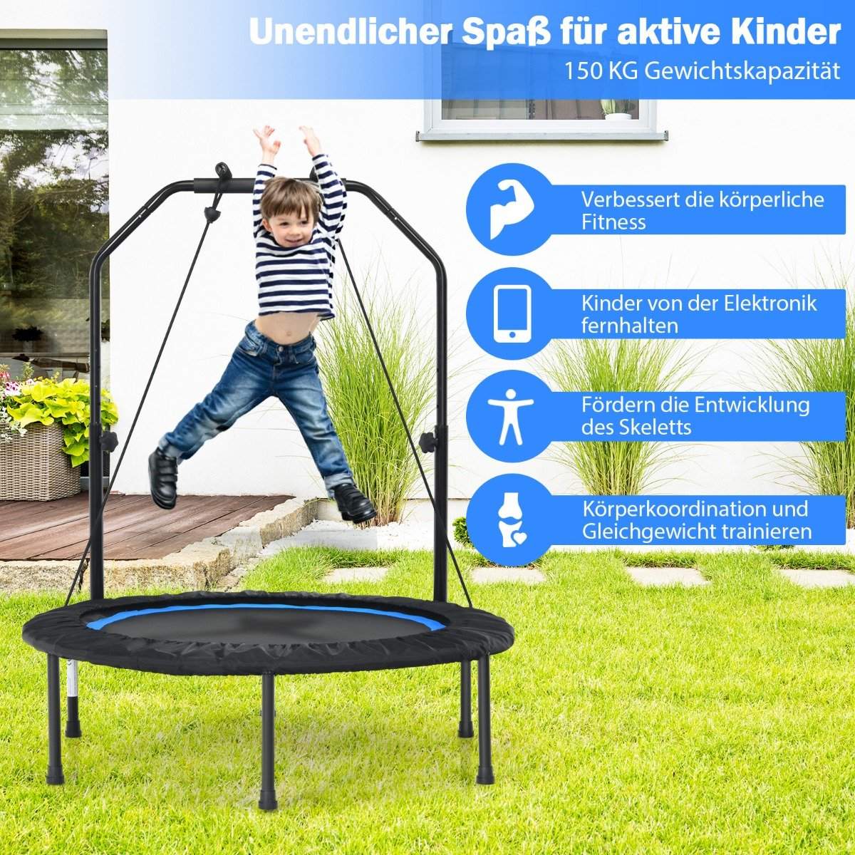 Ø101 cm trampoline with 2 resistance bands mini trampoline with height-adjustable handle black + blue