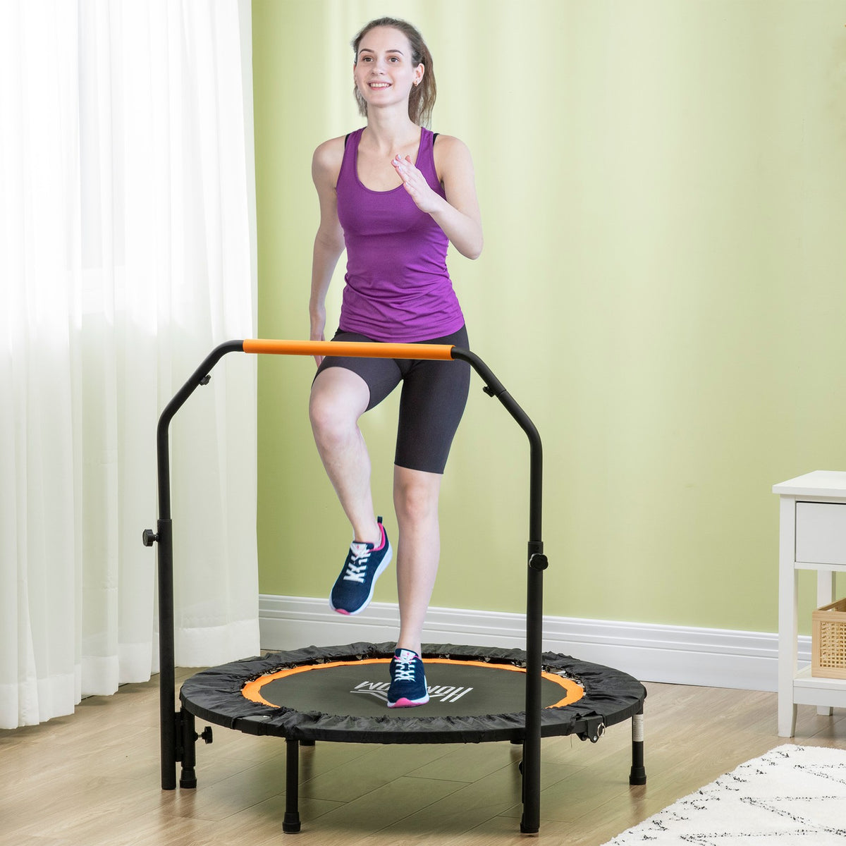 102cm Fitness Trampoline, Foldable Mini Trampoline with Four-Way Height Adjustable Handle, Fitness Rebounder for Adults, up to 100kg, Black