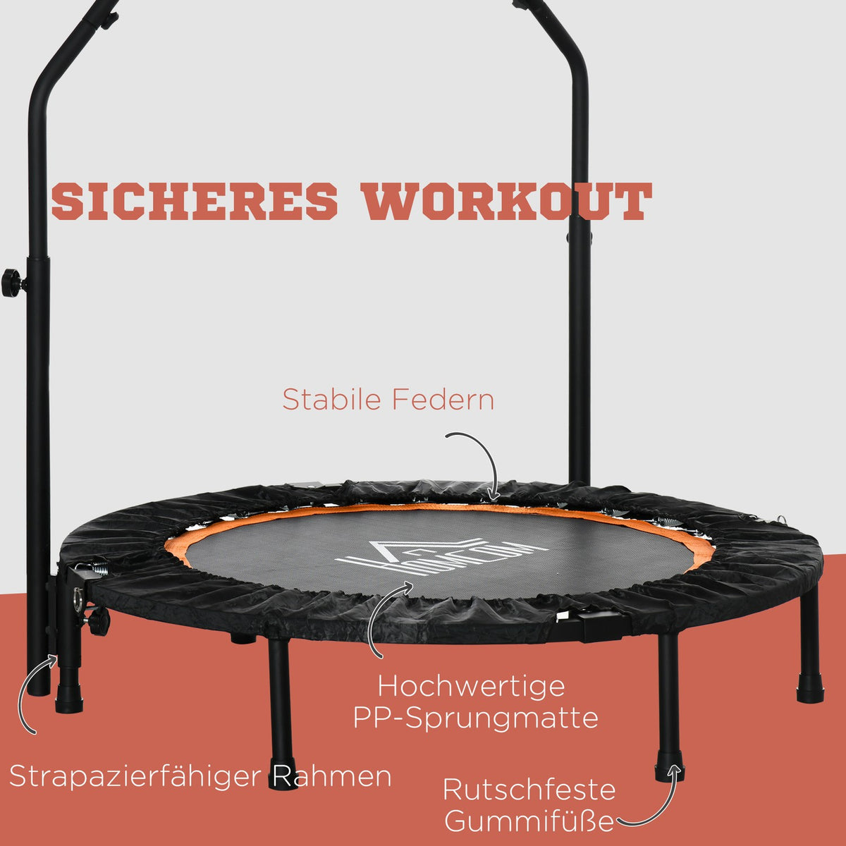 102cm Fitness Trampoline, Foldable Mini Trampoline with Four-Way Height Adjustable Handle, Fitness Rebounder for Adults, up to 100kg, Black
