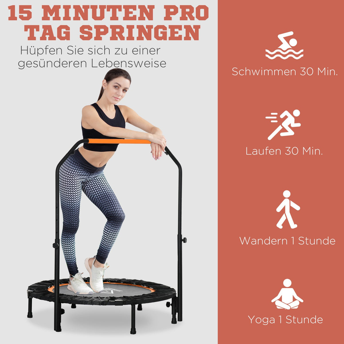 102cm Fitness Trampoline, Foldable Mini Trampoline with Four-Way Height Adjustable Handle, Fitness Rebounder for Adults, up to 100kg, Black