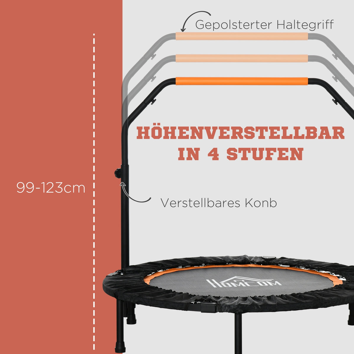 102cm Fitness Trampoline, Foldable Mini Trampoline with Four-Way Height Adjustable Handle, Fitness Rebounder for Adults, up to 100kg, Black