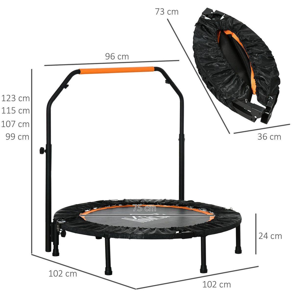 102cm Fitness Trampoline, Foldable Mini Trampoline with Four-Way Height Adjustable Handle, Fitness Rebounder for Adults, up to 100kg, Black