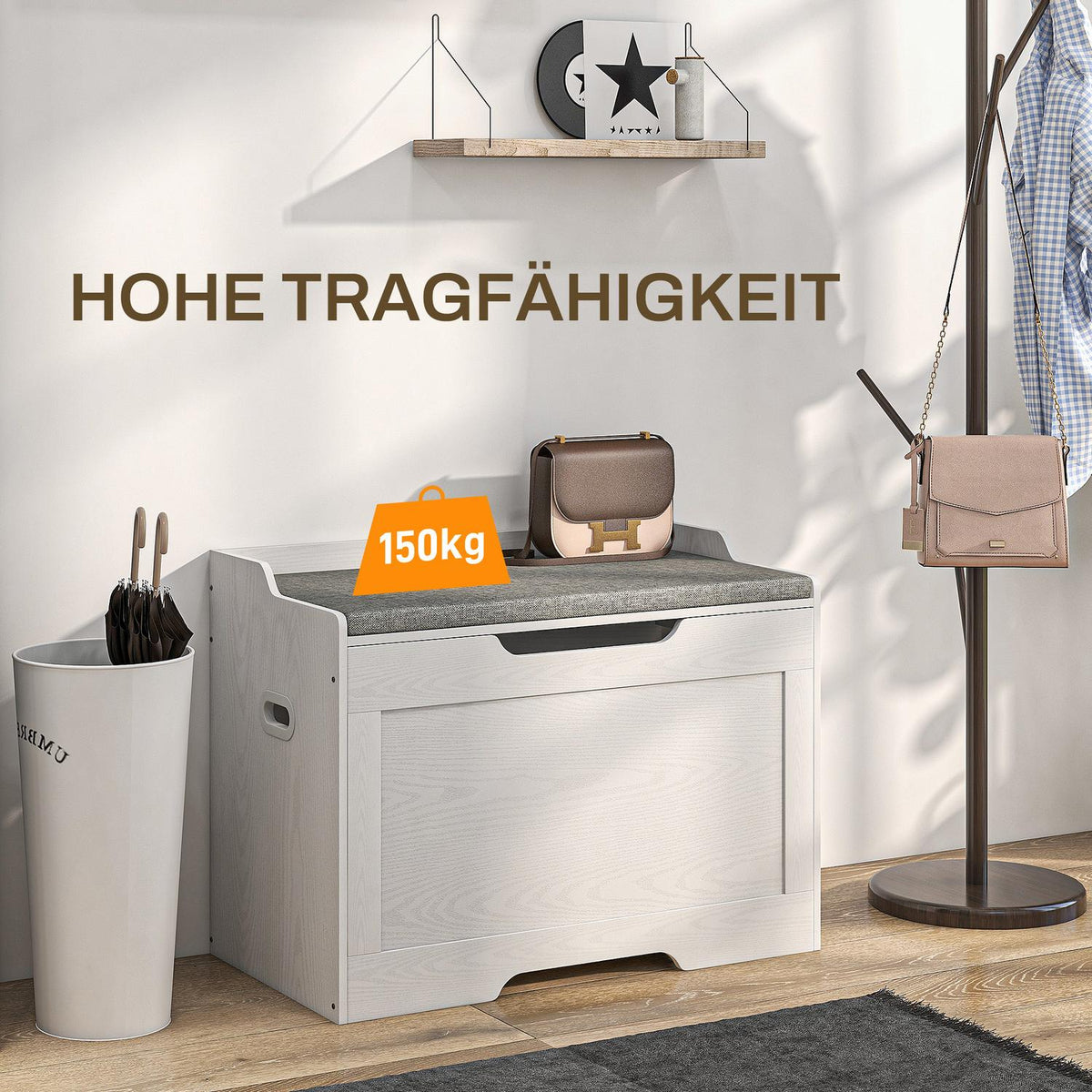 103 liter storage chest with lid, seat, seat chest with storage space, removable seat cushion, for living room, bedroom, white
