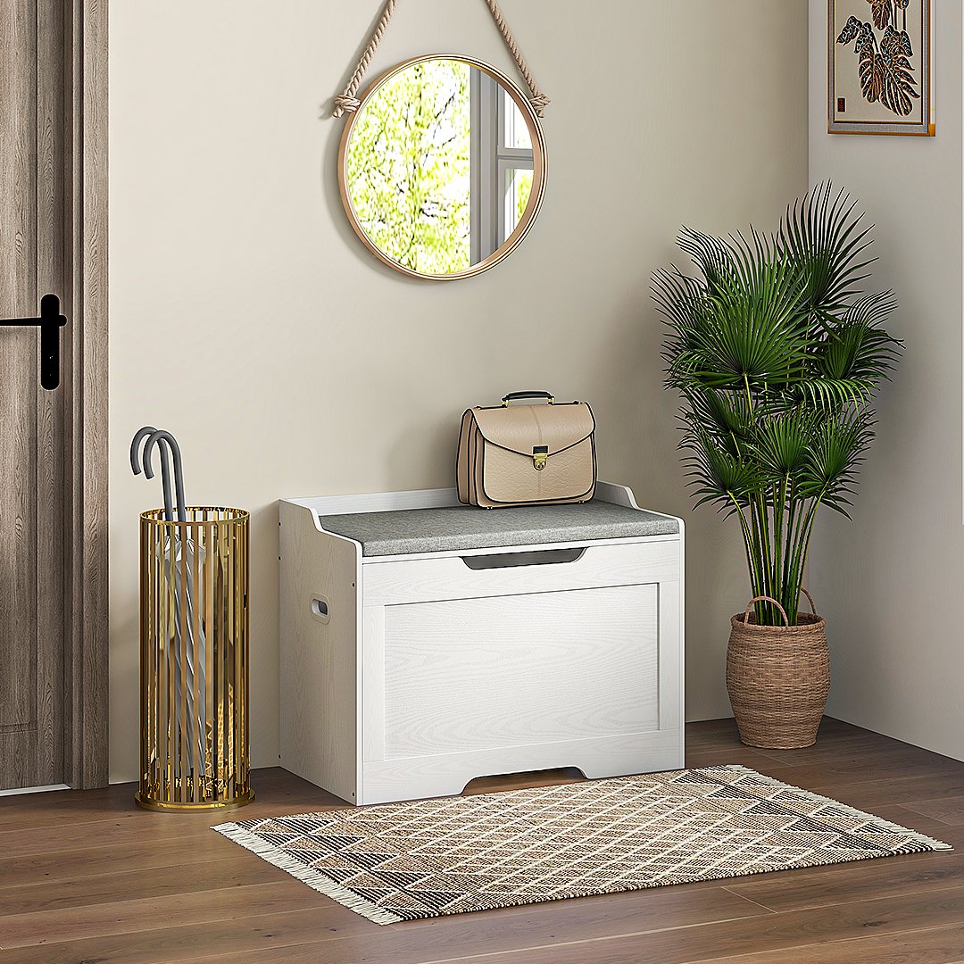103 liter storage chest with lid, seat, seat chest with storage space, removable seat cushion, for living room, bedroom, white