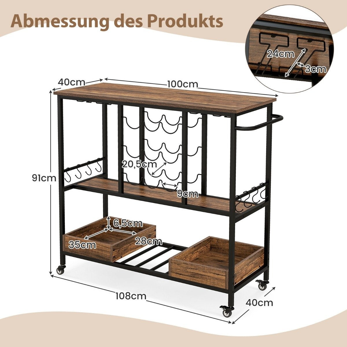 108 x 40 x 91 cm 3-tier kitchen trolley with wheels &amp; Glass holders &amp; Wine Rack &amp; Hook serving trolley trolley brown