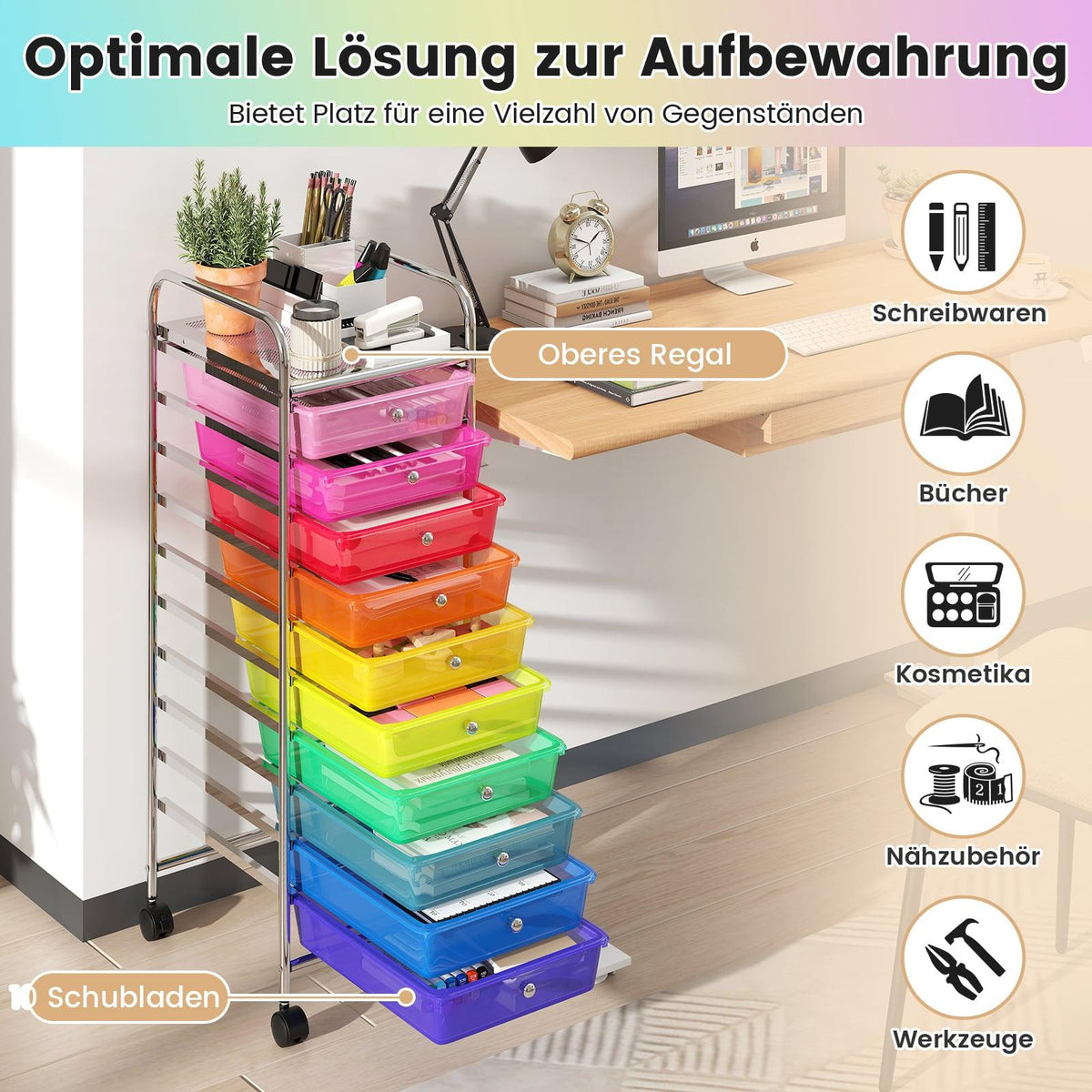 10-Drawer Rolling Cart with Lockable Wheels, Metal Frame
