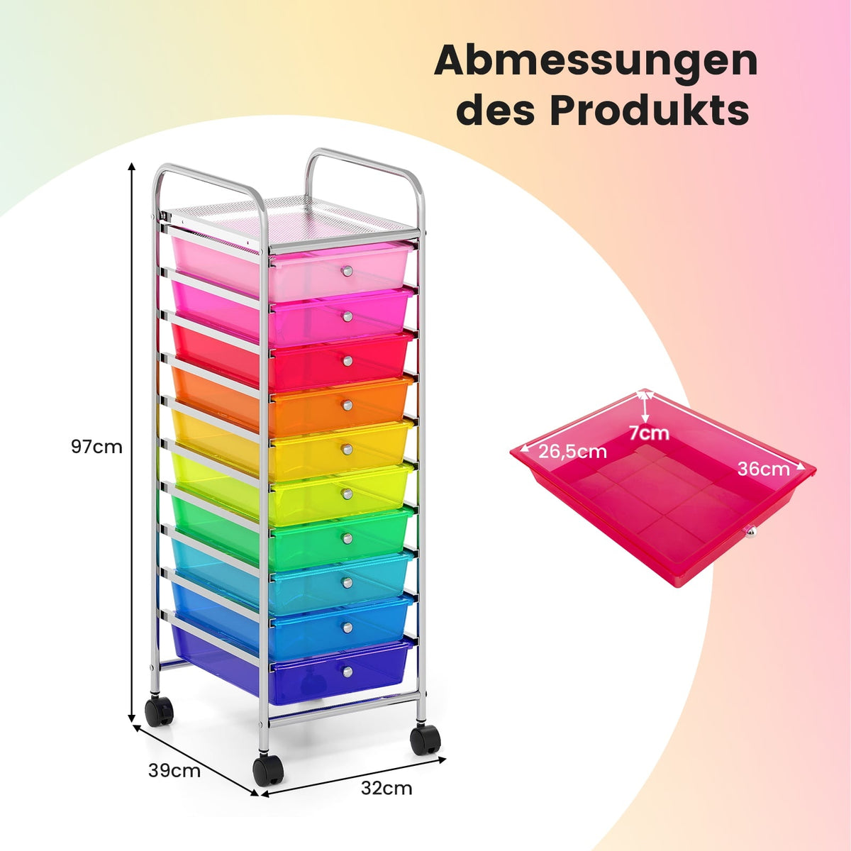 10-Drawer Rolling Cart with Lockable Wheels, Metal Frame