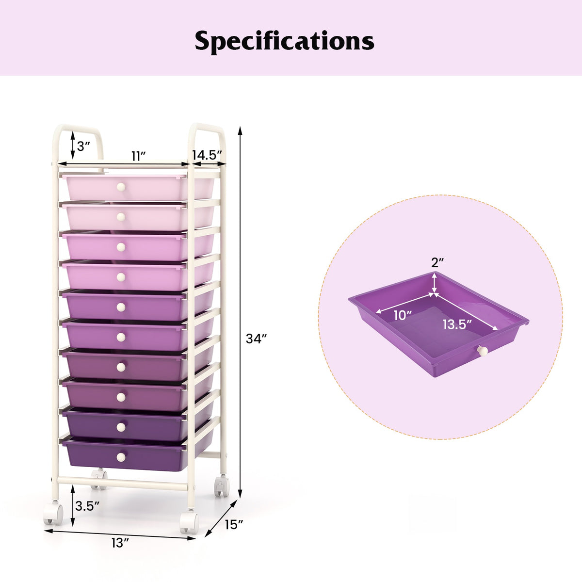 10-Drawer Rolling Storage Cart, Locking Casters, Purple