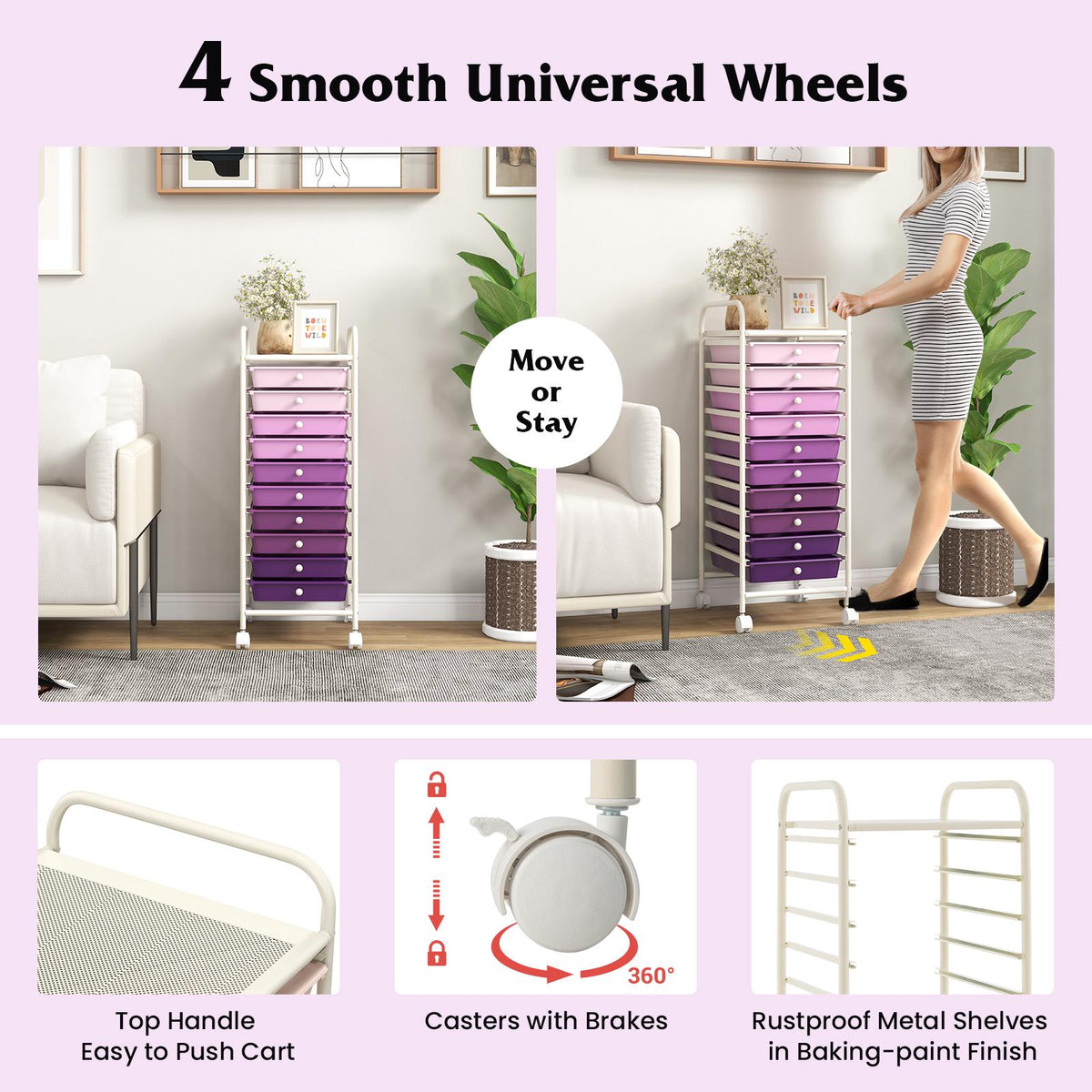 10-Drawer Rolling Storage Cart, Locking Casters, Purple