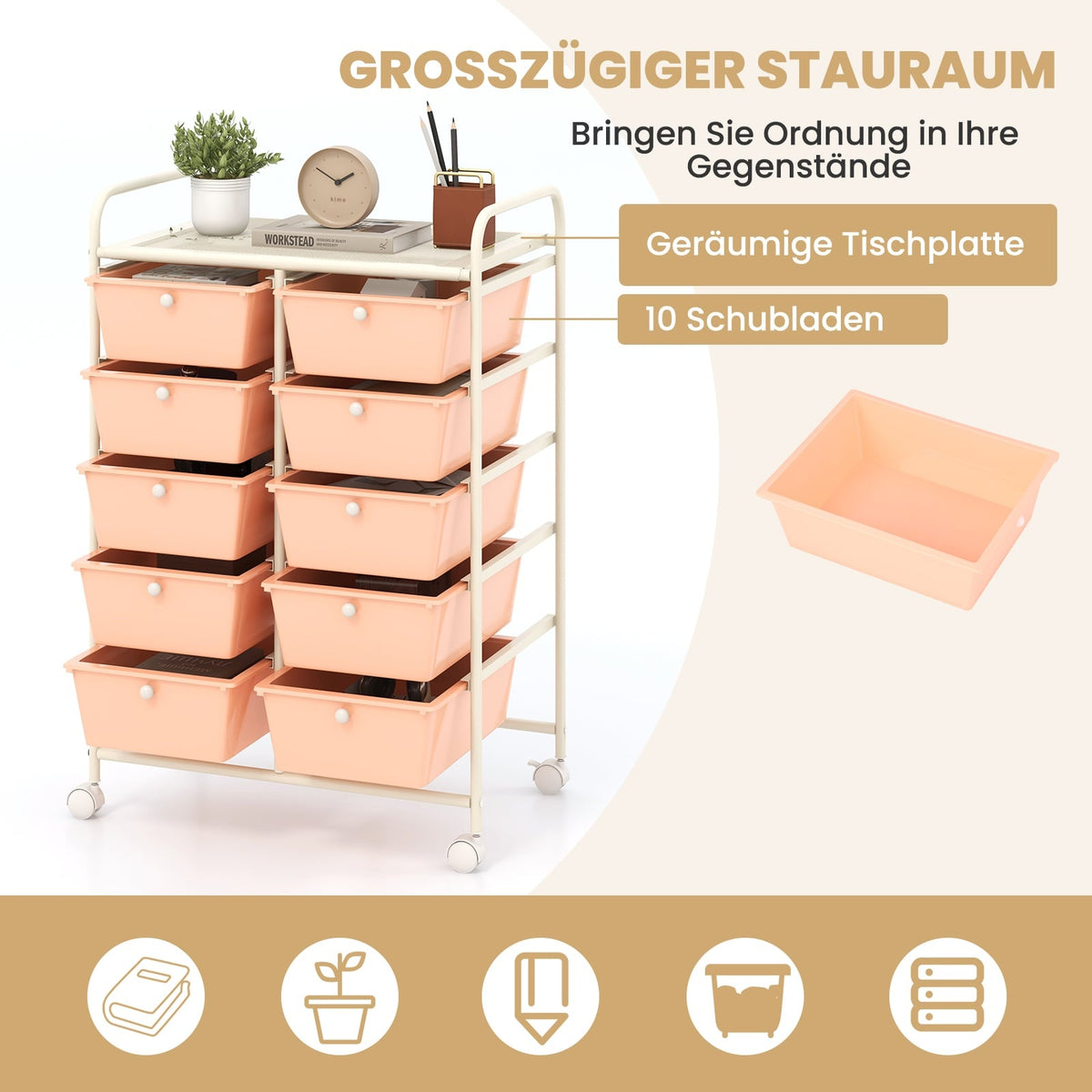 10-Drawer Rolling Storage Cart, Pink, Metal Frame