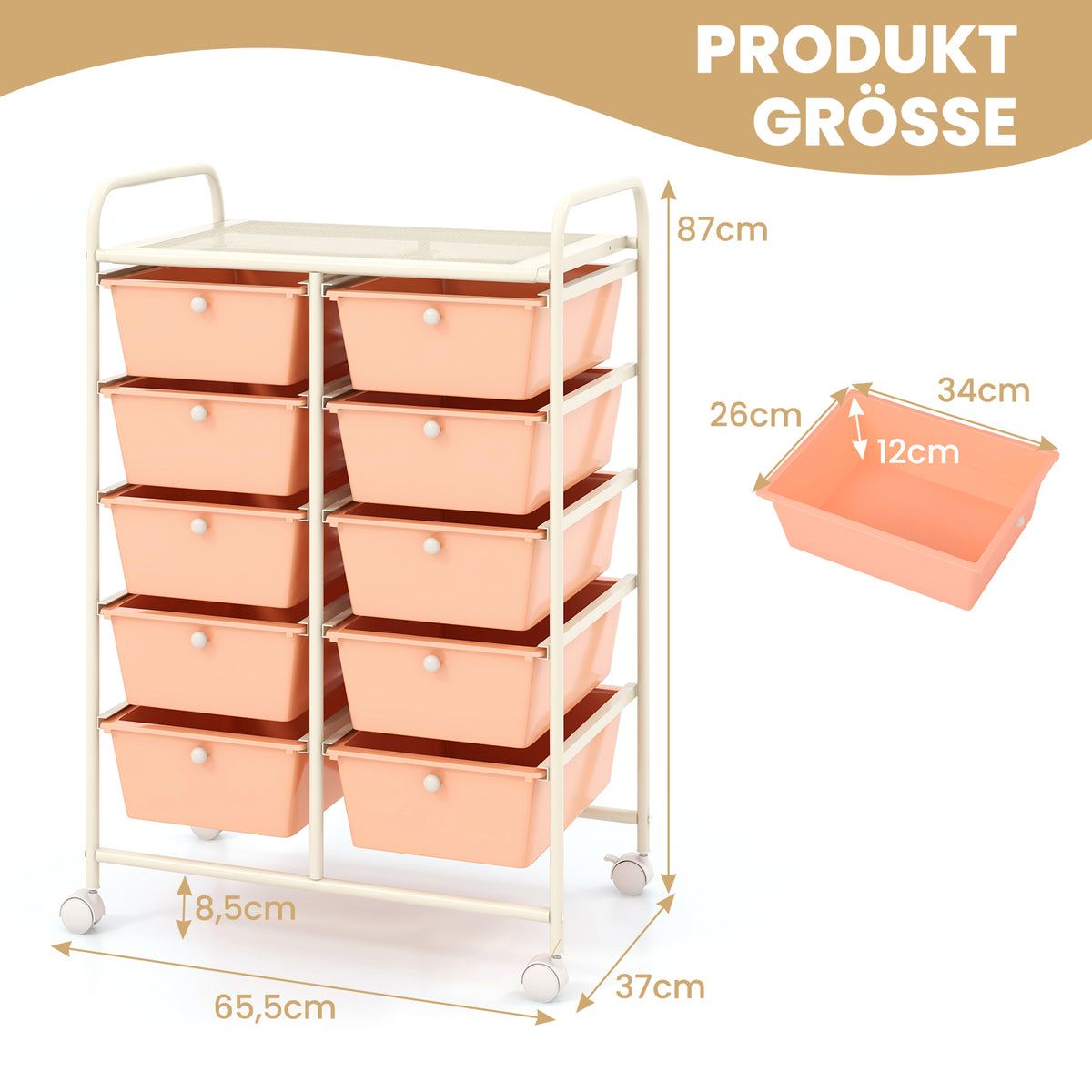 10-Drawer Rolling Storage Cart, Pink, Metal Frame
