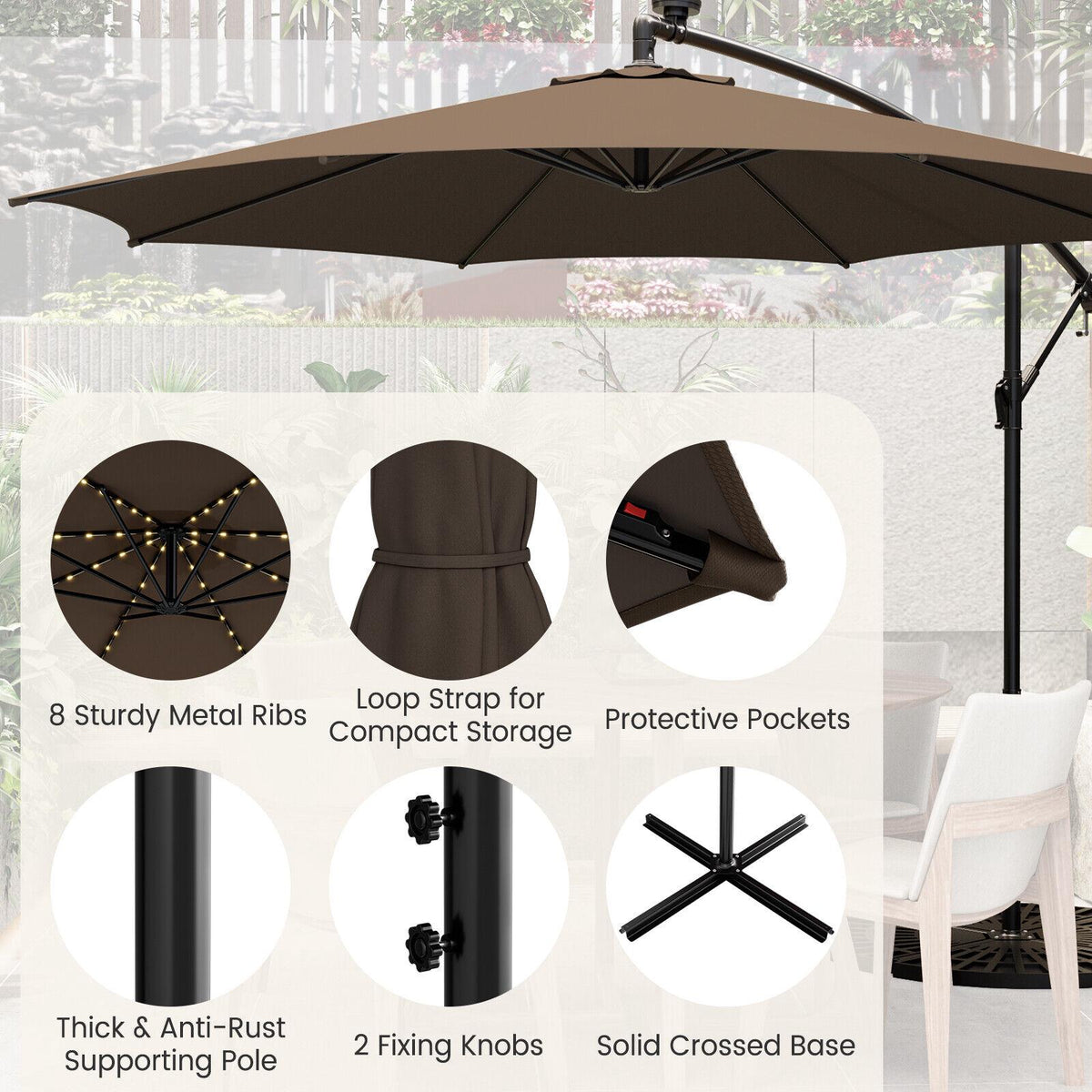 10 Ft Patio Offset Umbrella, 112 Solar LED Lights, Beige