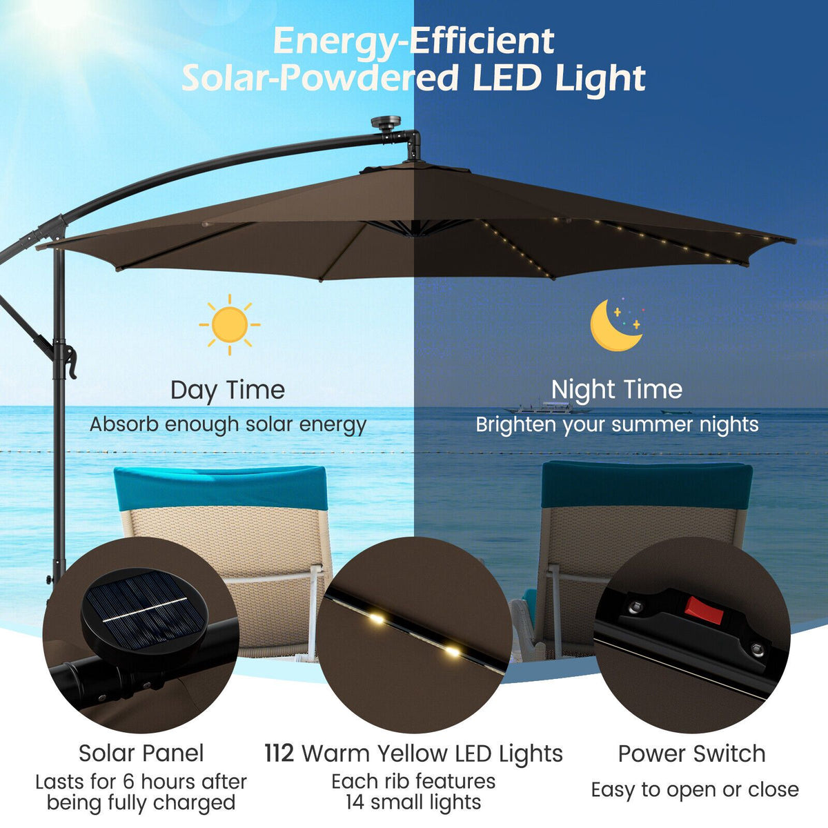 10 Ft Patio Offset Umbrella, 112 Solar LED Lights, Beige