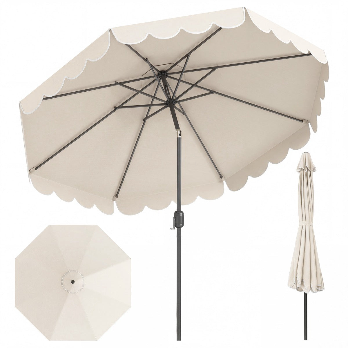 10 Ft Patio Umbrella, Push-Button Tilt, Crank, Beige