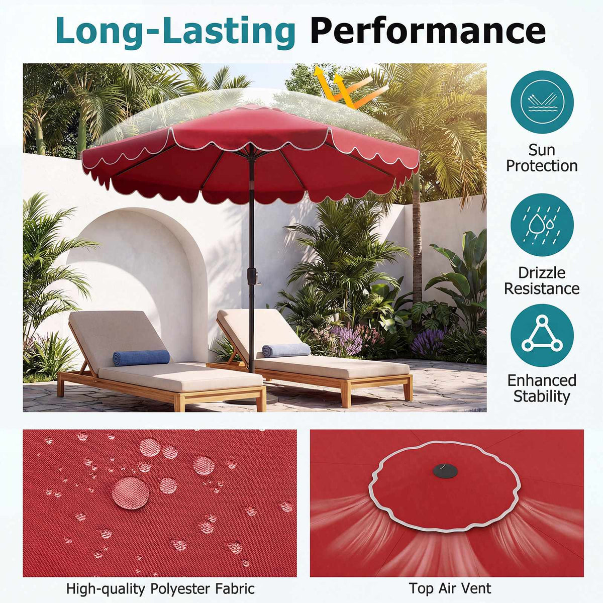 10 Ft Patio Umbrella With Crank and Push-Button Tilt, Red