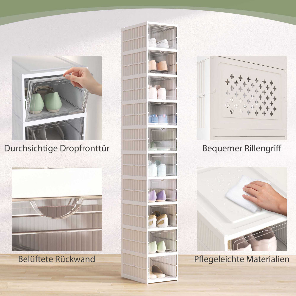 10-Tier Foldable Shoe Rack, Ventilated Back, White Plastic