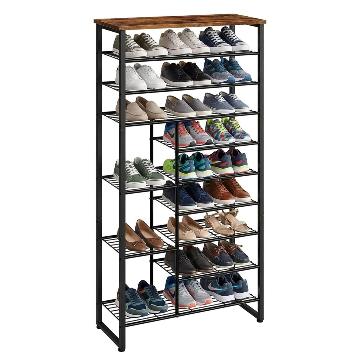 10-Tier Metal & MDF Shoe Rack, Brown, Space-Saving
