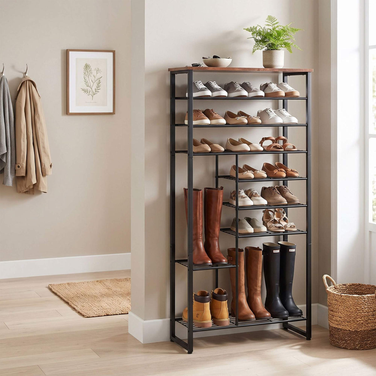 10-Tier Metal & MDF Shoe Rack, Brown, Space-Saving