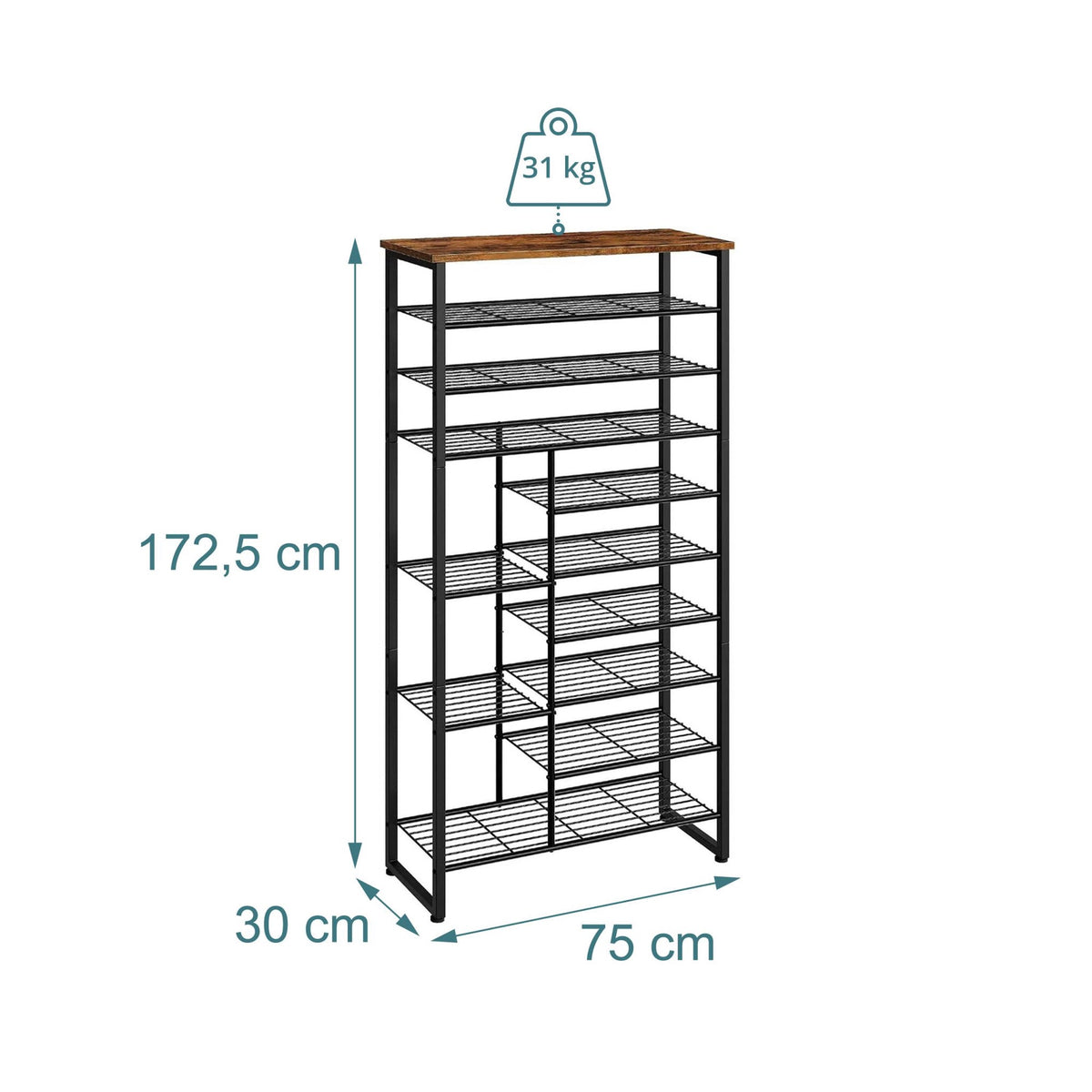 10-Tier Metal & MDF Shoe Rack, Brown, Space-Saving