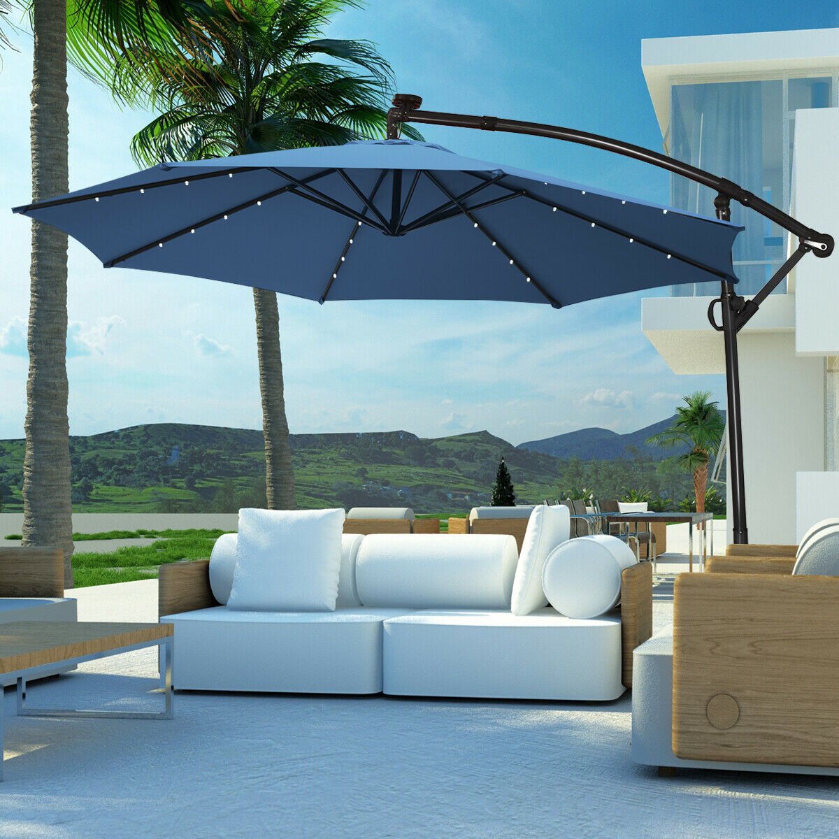 10ft Solar LED Offset Patio Umbrella – 360 Rotation, Blue