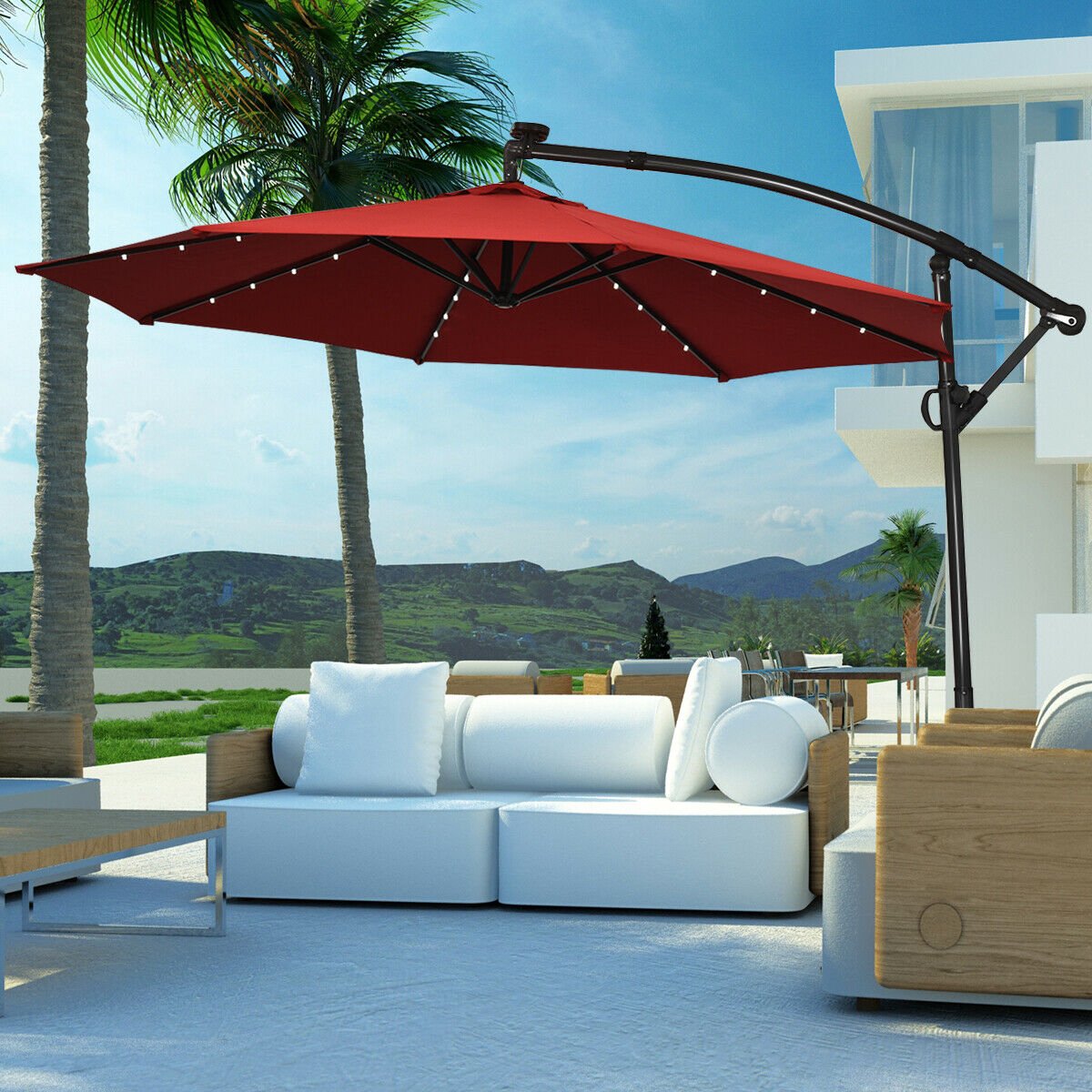 10ft Solar LED Offset Patio Umbrella, 360 Tilt, Burgundy