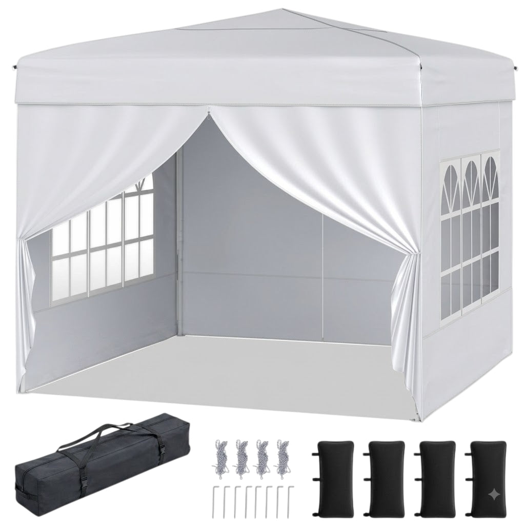 10x10 Pop Up Canopy Tent, 4 Sidewalls, Wheeled Bag, White