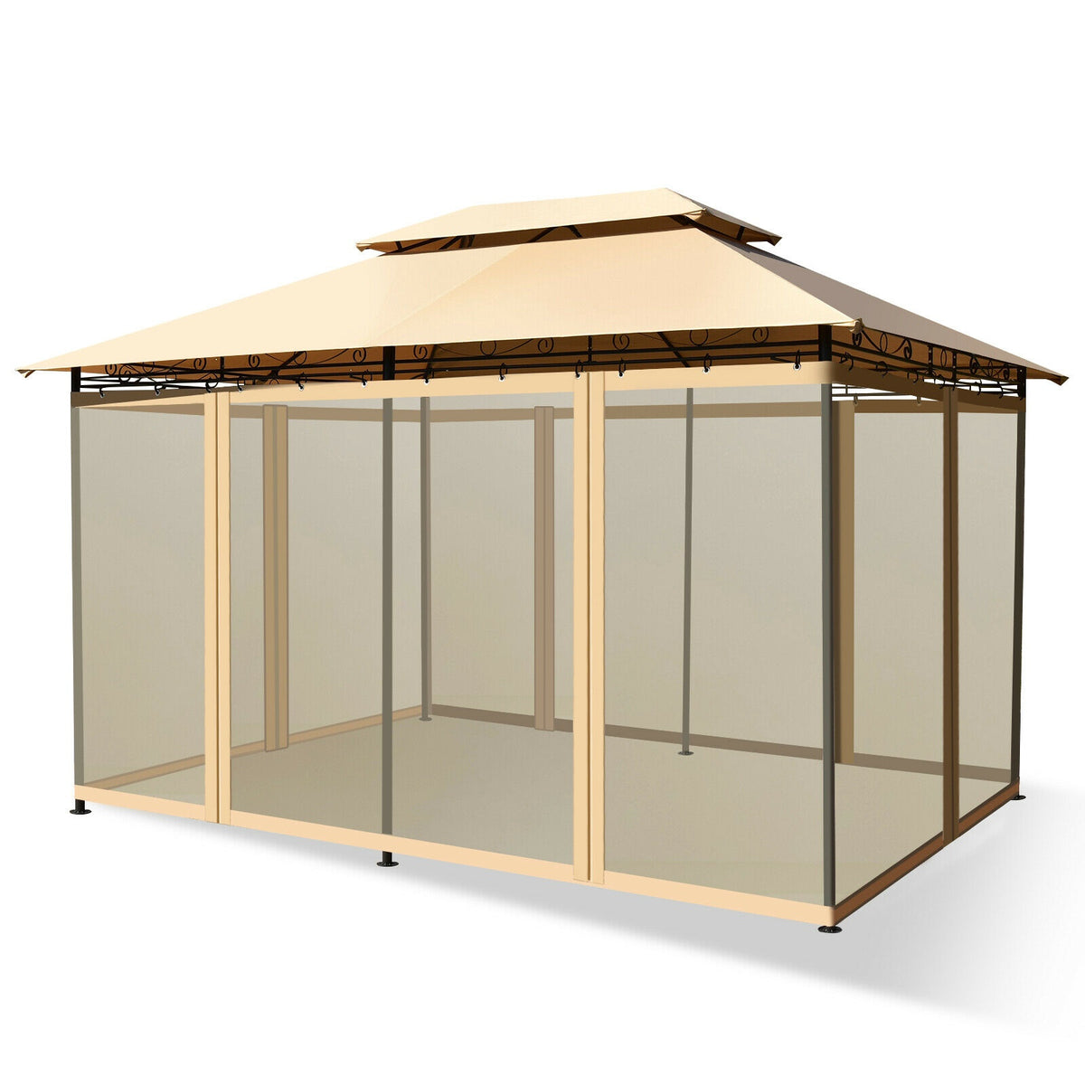 10x13 Ft Patio Gazebo Canopy, Removable Mesh Walls, Tan