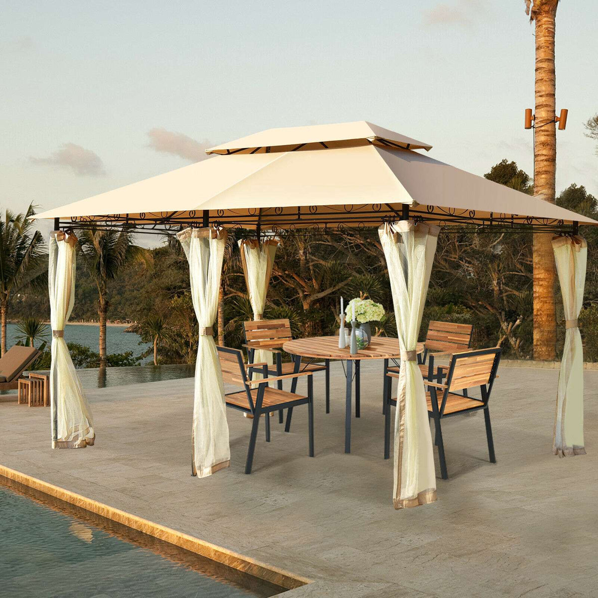 10x13 Ft Patio Gazebo Canopy, Removable Mesh Walls, Tan