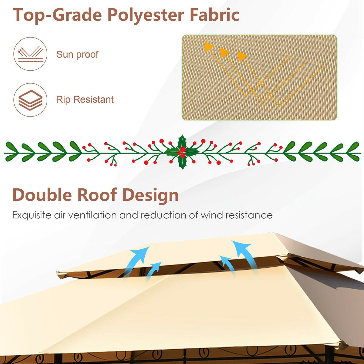 10x13 Ft Patio Gazebo Canopy, Removable Mesh Walls, Tan